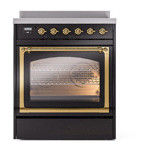 ILVE Nostalgie II 30-Inch Induction Range with 4 Induction Elements, 3.5 cu. ft. Oven, Glossy Black with Brass Trim, Triple Glass Door, UNI304NMPBKG