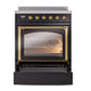 ILVE Nostalgie II 30-Inch Induction Range with 4 Induction Elements, 3.5 cu. ft. Oven, Glossy Black with Brass Trim, Triple Glass Door, UNI304NMPBKG