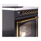 ILVE Nostalgie II 30-Inch Induction Range with 4 Induction Elements, 3.5 cu. ft. Oven, Glossy Black with Brass Trim, Triple Glass Door, UNI304NMPBKG