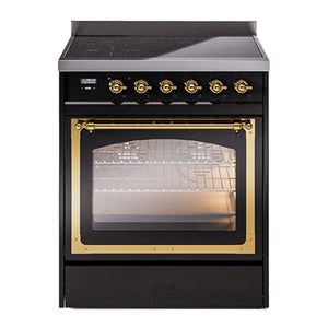 ILVE Nostalgie II 30-Inch Induction Range with 4 Induction Elements, 3.5 cu. ft. Oven, Glossy Black with Brass Trim, Triple Glass Door, UNI304NMPBKG
