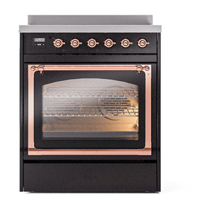 ILVE Nostalgie II 30-Inch Induction Range with 4 Induction Elements, 3.5 cu. ft. Oven, Glossy Black with Copper Trim, Triple Glass Door, UNI304NMPBKP