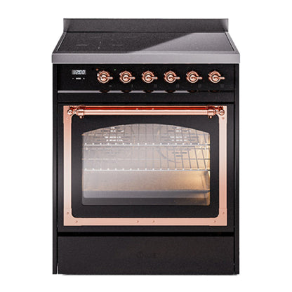 ILVE Nostalgie II 30-Inch Induction Range with 4 Induction Elements, 3.5 cu. ft. Oven, Glossy Black with Copper Trim, Triple Glass Door, UNI304NMPBKP