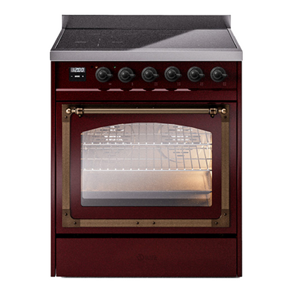 ILVE Nostalgie II 30-Inch Induction Range with 4 Induction Elements, 3.5 cu. ft. Oven, Burgundy with Burnished Trim, Triple Glass Door, UNI304NMPBUB