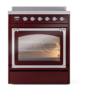 ILVE Nostalgie II 30-Inch Induction Range with 4 Induction Elements, 3.5 cu. ft. Oven, Burgundy with Chrome Trim, Triple Glass Door, UNI304NMPBUC