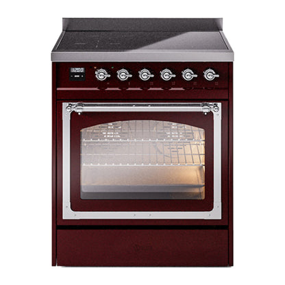 ILVE Nostalgie II 30-Inch Induction Range with 4 Induction Elements, 3.5 cu. ft. Oven, Burgundy with Chrome Trim, Triple Glass Door, UNI304NMPBUC