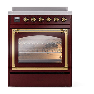 ILVE Nostalgie II 30-Inch Induction Range with 4 Induction Elements, 3.5 cu. ft. Oven, Burgundy with Brass Trim, Triple Glass Door, UNI304NMPBUG
