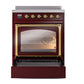 ILVE Nostalgie II 30-Inch Induction Range with 4 Induction Elements, 3.5 cu. ft. Oven, Burgundy with Brass Trim, Triple Glass Door, UNI304NMPBUG