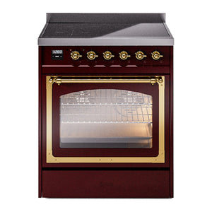 ILVE Nostalgie II 30-Inch Induction Range with 4 Induction Elements, 3.5 cu. ft. Oven, Burgundy with Brass Trim, Triple Glass Door, UNI304NMPBUG
