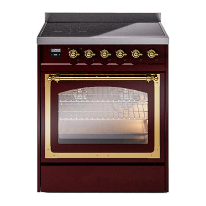 ILVE Nostalgie II 30-Inch Induction Range with 4 Induction Elements, 3.5 cu. ft. Oven, Burgundy with Brass Trim, Triple Glass Door, UNI304NMPBUG