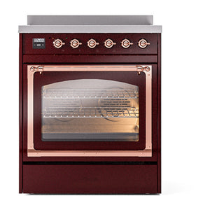 ILVE Nostalgie II 30-Inch Induction Range with 4 Induction Elements, 3.5 cu. ft. Oven, Burgundy with Copper Trim, Triple Glass Door, UNI304NMPBUP