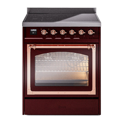 ILVE Nostalgie II 30-Inch Induction Range with 4 Induction Elements, 3.5 cu. ft. Oven, Burgundy with Copper Trim, Triple Glass Door, UNI304NMPBUP