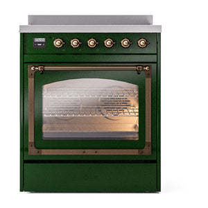 ILVE Nostalgie II 30-Inch Induction Range with 4 Induction Elements, 3.5 cu. ft. Oven, Emerald Green with Burnished Trim, Triple Glass Door, UNI304NMPEGB