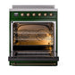 ILVE Nostalgie II 30-Inch Induction Range with 4 Induction Elements, 3.5 cu. ft. Oven, Emerald Green with Burnished Trim, Triple Glass Door, UNI304NMPEGB
