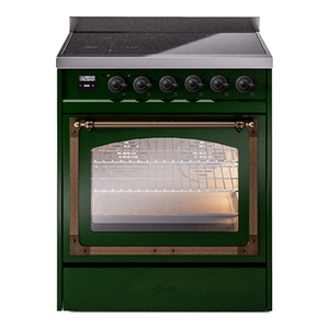 ILVE Nostalgie II 30-Inch Induction Range with 4 Induction Elements, 3.5 cu. ft. Oven, Emerald Green with Burnished Trim, Triple Glass Door, UNI304NMPEGB
