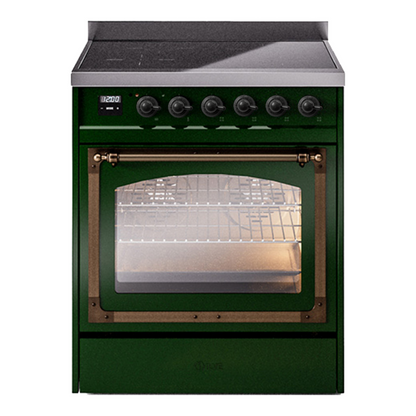 ILVE Nostalgie II 30-Inch Induction Range with 4 Induction Elements, 3.5 cu. ft. Oven, Emerald Green with Burnished Trim, Triple Glass Door, UNI304NMPEGB