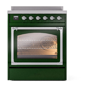 ILVE Nostalgie II 30-Inch Induction Range with 4 Induction Elements, 3.5 cu. ft. Oven, Emerald Green with Chrome Trim, Triple Glass Door, UNI304NMPEGC