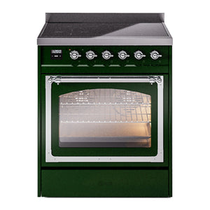 ILVE Nostalgie II 30-Inch Induction Range with 4 Induction Elements, 3.5 cu. ft. Oven, Emerald Green with Chrome Trim, Triple Glass Door, UNI304NMPEGC