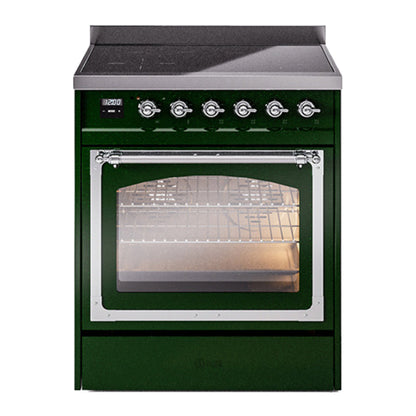 ILVE Nostalgie II 30-Inch Induction Range with 4 Induction Elements, 3.5 cu. ft. Oven, Emerald Green with Chrome Trim, Triple Glass Door, UNI304NMPEGC