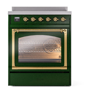 ILVE Nostalgie II 30-Inch Induction Range with 4 Induction Elements, 3.5 cu. ft. Oven, Emerald Green with Brass Trim, Triple Glass Door, UNI304NMPEGG
