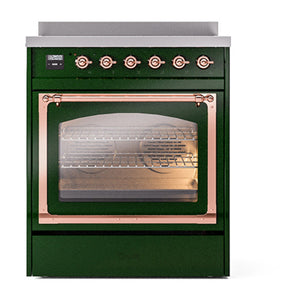 ILVE Nostalgie II 30-Inch Induction Range with 4 Induction Elements, 3.5 cu. ft. Oven, Emerald Green with Copper Trim, Triple Glass Door, UNI304NMPEGP
