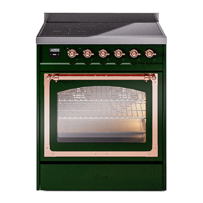 ILVE Nostalgie II 30-Inch Induction Range with 4 Induction Elements, 3.5 cu. ft. Oven, Emerald Green with Copper Trim, Triple Glass Door, UNI304NMPEGP
