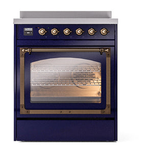 ILVE Nostalgie II 30-Inch Induction Range with 4 Induction Elements, 3.5 cu. ft. Oven, Midnight Blue with Burnished Trim, Triple Glass Door, UNI304NMPMBB