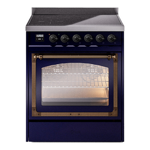 ILVE Nostalgie II 30-Inch Induction Range with 4 Induction Elements, 3.5 cu. ft. Oven, Midnight Blue with Burnished Trim, Triple Glass Door, UNI304NMPMBB