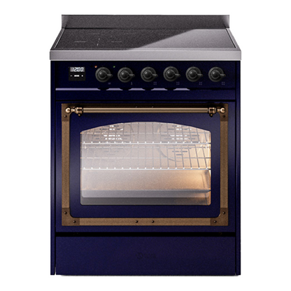 ILVE Nostalgie II 30-Inch Induction Range with 4 Induction Elements, 3.5 cu. ft. Oven, Midnight Blue with Burnished Trim, Triple Glass Door, UNI304NMPMBB
