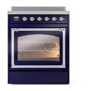 ILVE Nostalgie II 30-Inch Induction Range with 4 Induction Elements, 3.5 cu. ft. Oven, Midnight Blue with Chrome Trim, Triple Glass Door, UNI304NMPMBC