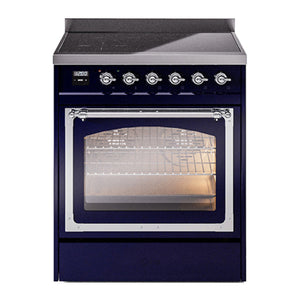 ILVE Nostalgie II 30-Inch Induction Range with 4 Induction Elements, 3.5 cu. ft. Oven, Midnight Blue with Chrome Trim, Triple Glass Door, UNI304NMPMBC