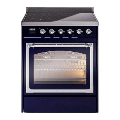 ILVE Nostalgie II 30-Inch Induction Range with 4 Induction Elements, 3.5 cu. ft. Oven, Midnight Blue with Chrome Trim, Triple Glass Door, UNI304NMPMBC