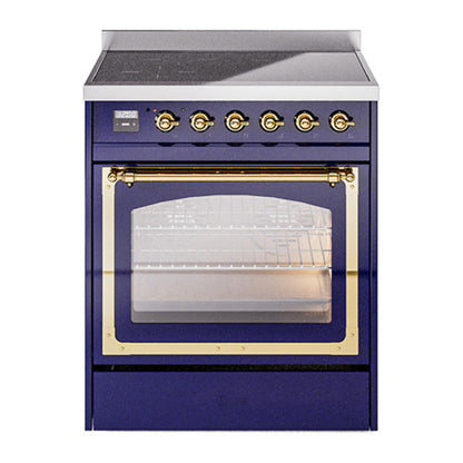 ILVE Nostalgie II 30-Inch Induction Range with 4 Induction Elements, 3.5 cu. ft. Oven, Midnight Blue with Brass Trim, Triple Glass Door, UNI304NMPMBG