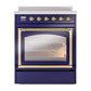 ILVE Nostalgie II 30-Inch Induction Range with 4 Induction Elements, 3.5 cu. ft. Oven, Midnight Blue with Brass Trim, Triple Glass Door, UNI304NMPMBG