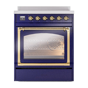 ILVE Nostalgie II 30-Inch Induction Range with 4 Induction Elements, 3.5 cu. ft. Oven, Midnight Blue with Brass Trim, Triple Glass Door, UNI304NMPMBG