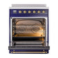 ILVE Nostalgie II 30-Inch Induction Range with 4 Induction Elements, 3.5 cu. ft. Oven, Midnight Blue with Brass Trim, Triple Glass Door, UNI304NMPMBG