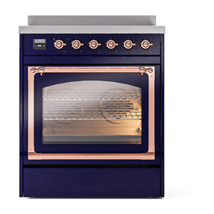 ILVE Nostalgie II 30-Inch Induction Range with 4 Induction Elements, 3.5 cu. ft. Oven, Midnight Blue with Copper Trim, Triple Glass Door, UNI304NMPMBP
