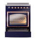 ILVE Nostalgie II 30-Inch Induction Range with 4 Induction Elements, 3.5 cu. ft. Oven, Midnight Blue with Copper Trim, Triple Glass Door, UNI304NMPMBP