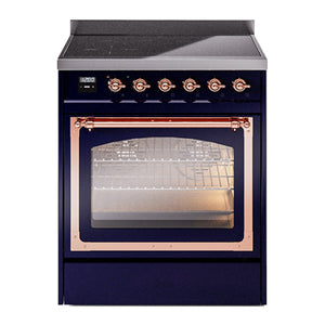 ILVE Nostalgie II 30-Inch Induction Range with 4 Induction Elements, 3.5 cu. ft. Oven, Midnight Blue with Copper Trim, Triple Glass Door, UNI304NMPMBP