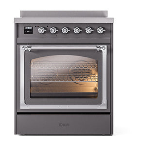 ILVE Nostalgie II 30-Inch Induction Range with 4 Induction Elements, 3.5 cu. ft. Oven, Graphite Matte with Chrome Trim, Triple Glass Door, UNI304NMPMGC