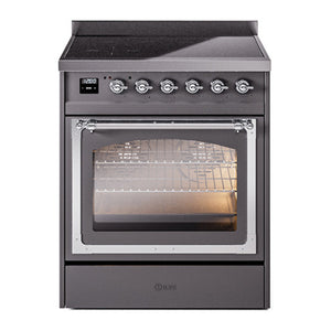ILVE Nostalgie II 30-Inch Induction Range with 4 Induction Elements, 3.5 cu. ft. Oven, Graphite Matte with Chrome Trim, Triple Glass Door, UNI304NMPMGC