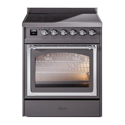 ILVE Nostalgie II 30-Inch Induction Range with 4 Induction Elements, 3.5 cu. ft. Oven, Graphite Matte with Chrome Trim, Triple Glass Door, UNI304NMPMGC