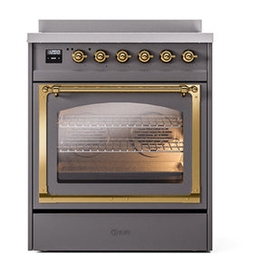 ILVE Nostalgie II 30-Inch Induction Range with 4 Induction Elements, 3.5 cu. ft. Oven, Graphite Matte with Brass Trim, Triple Glass Door, UNI304NMPMGG