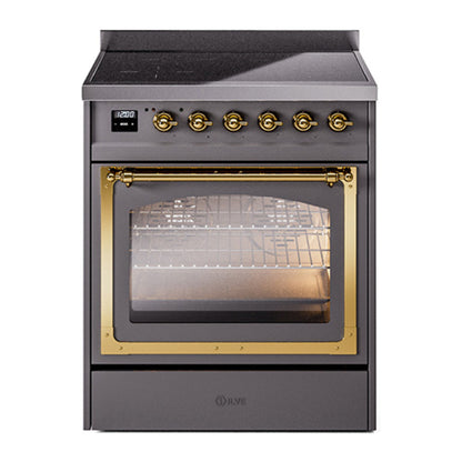 ILVE Nostalgie II 30-Inch Induction Range with 4 Induction Elements, 3.5 cu. ft. Oven, Graphite Matte with Brass Trim, Triple Glass Door, UNI304NMPMGG