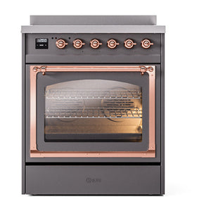 ILVE Nostalgie II 30-Inch Induction Range with 4 Induction Elements, 3.5 cu. ft. Oven, Graphite Matte with Copper Trim, Triple Glass Door, UNI304NMPMGP