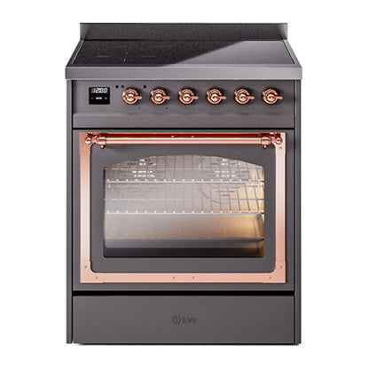 ILVE Nostalgie II 30-Inch Induction Range with 4 Induction Elements, 3.5 cu. ft. Oven, Graphite Matte with Copper Trim, Triple Glass Door, UNI304NMPMGP