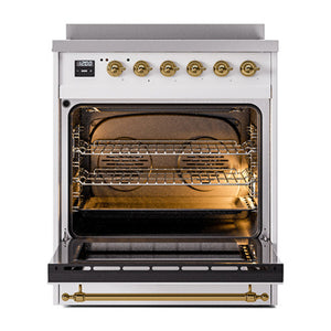 ILVE Nostalgie II 30-Inch Induction Range with 4 Induction Elements, 3.5 cu. ft. Oven, RAL with Brass Trim, Triple Glass Door, UNI304NMPRAG