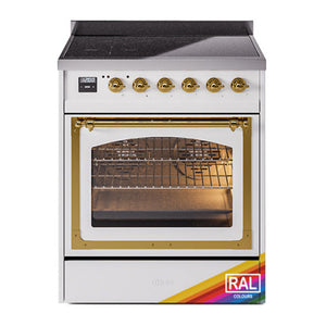 ILVE Nostalgie II 30-Inch Induction Range with 4 Induction Elements, 3.5 cu. ft. Oven, RAL with Brass Trim, Triple Glass Door, UNI304NMPRAG
