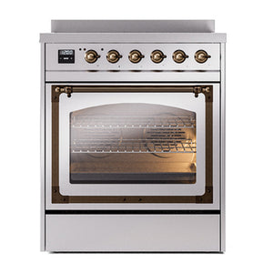 ILVE Nostalgie II 30-Inch Induction Range with 4 Induction Elements, 3.5 cu. ft. Oven, Stainless Steel with Burnished Trim, Triple Glass Door, UNI304NMPSSB
