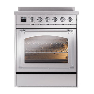 ILVE Nostalgie II 30-Inch Induction Range with 4 Induction Elements, 3.5 cu. ft. Oven, Stainless Steel with Chrome Trim, Triple Glass Door, UNI304NMPSSC