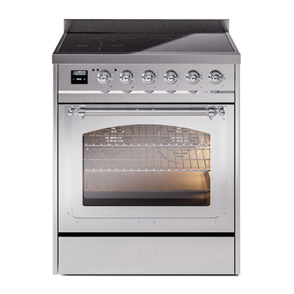 ILVE Nostalgie II 30-Inch Induction Range with 4 Induction Elements, 3.5 cu. ft. Oven, Stainless Steel with Chrome Trim, Triple Glass Door, UNI304NMPSSC